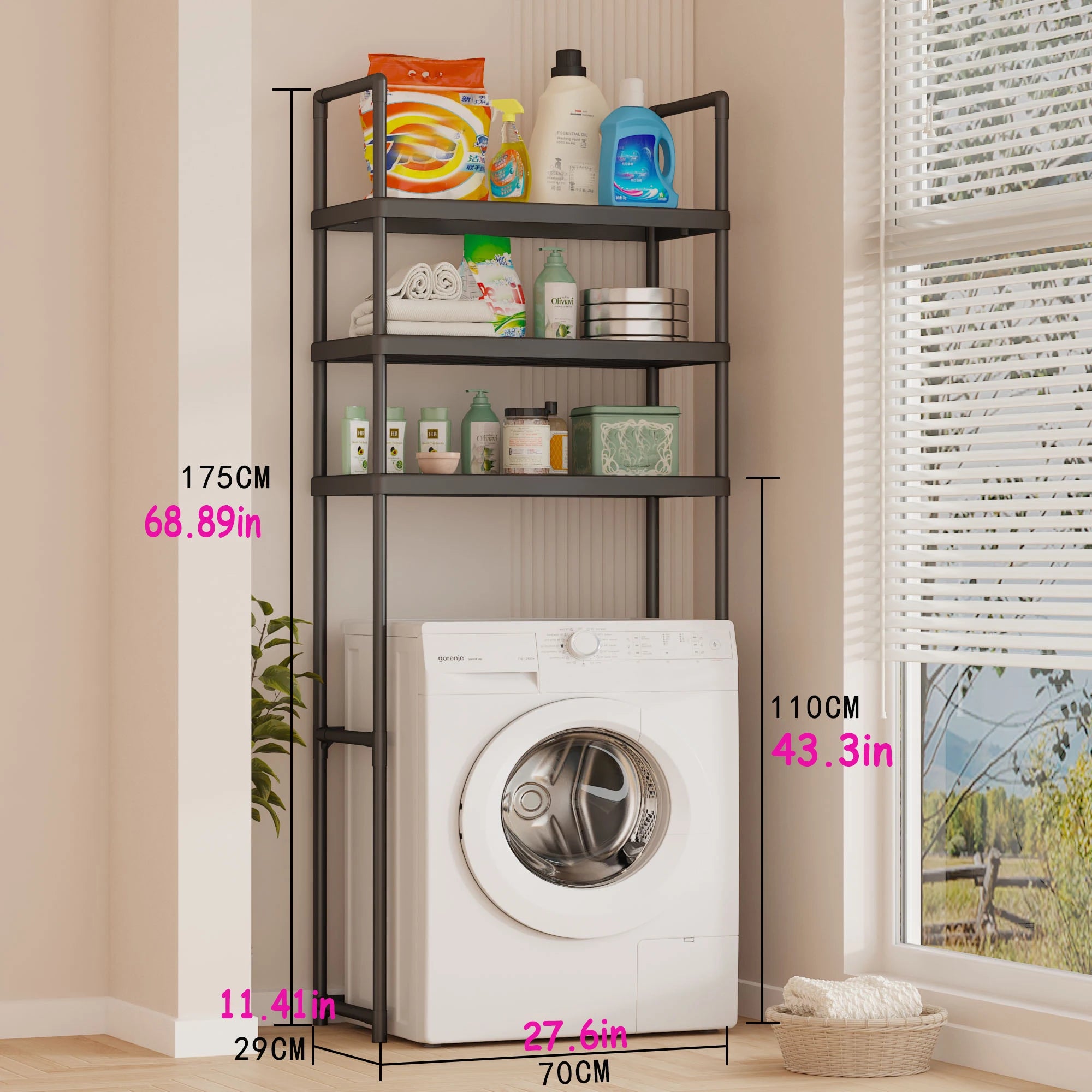2-3 Tier Expandable Bathroom Storage Rack, Washing Machine Storage Rack Storage Rack Above the Toilet, Easy Installation Without Drilling, Built-In Detachable Storage Rack for Bathroom Essentials, Black Steel Freestanding Sto