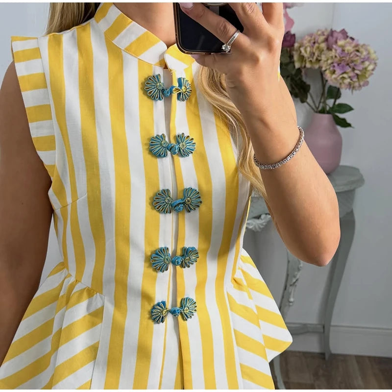 Striped Mandarin Collar Frog Button Ruffle Trim Top Striped Single‑breasted 2026 Summer Women Blouse Versatile Casual Lady Top