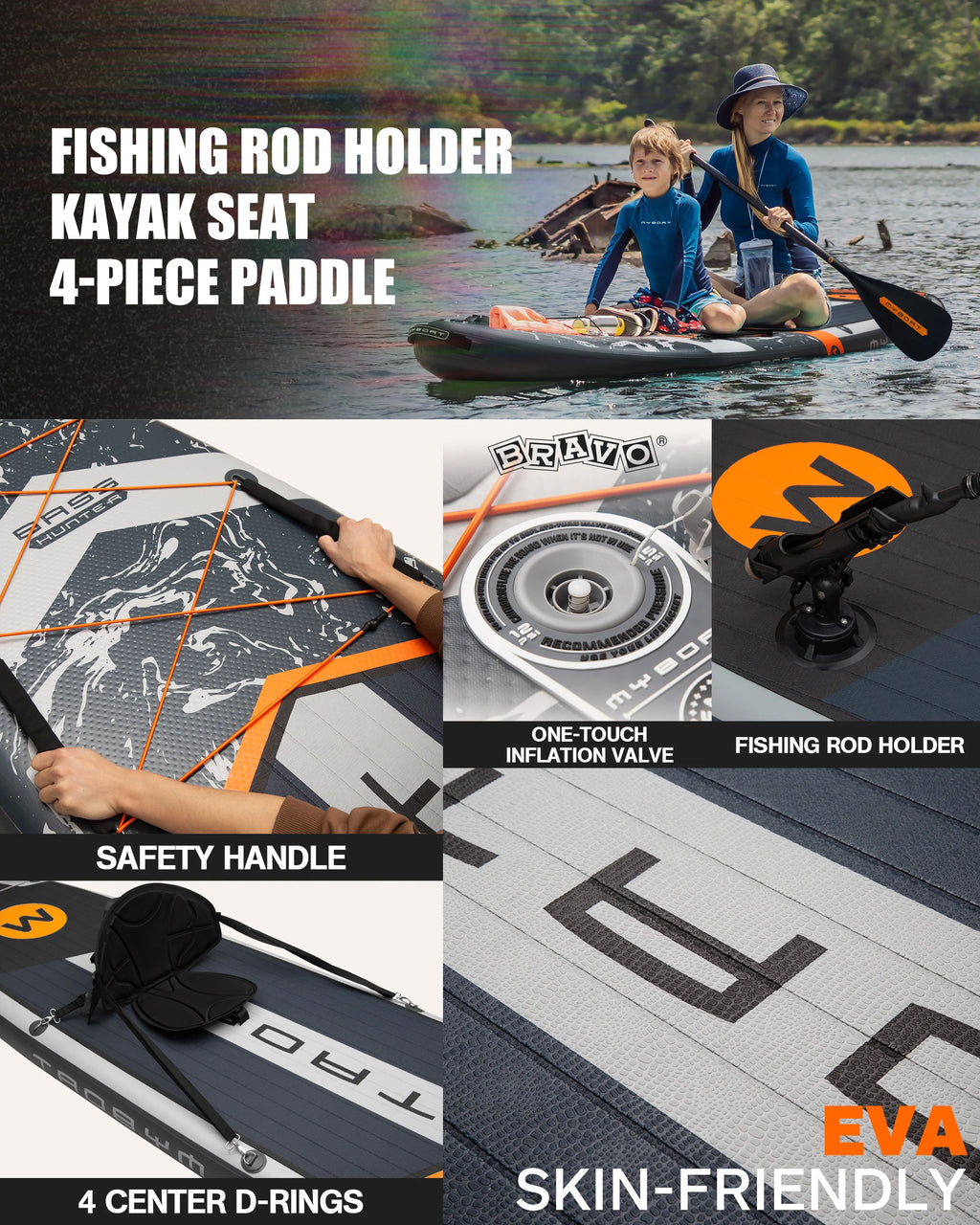 Myboat BASS HUNTER Grey SUB Waterproof Inflatable Paddle Board 11'6''x35''x6'' Aquatic Fishing With Accessories SUP сапборд