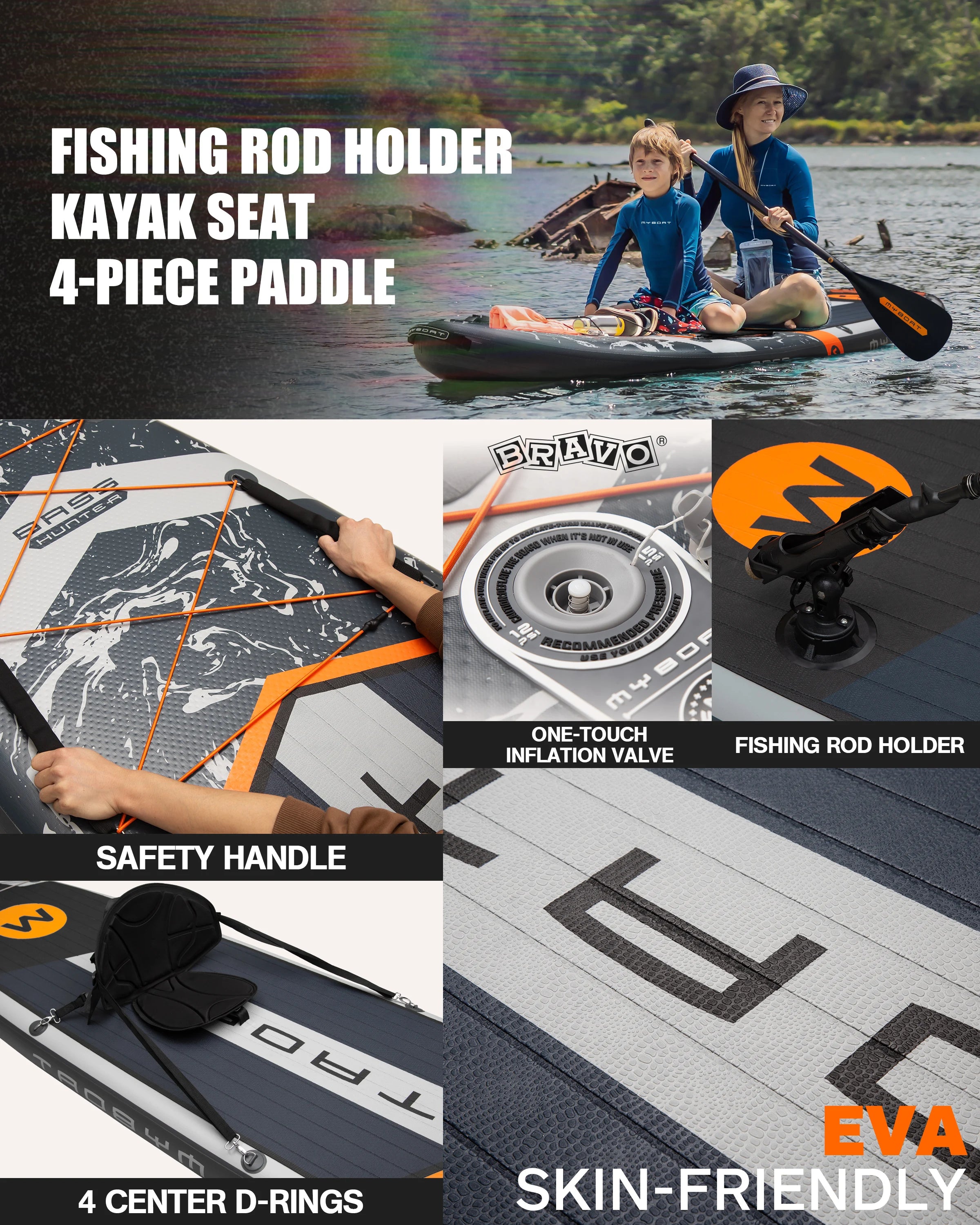 Myboat BASS HUNTER Grey SUB Waterproof Inflatable Paddle Board 11'6''x35''x6'' Aquatic Fishing With Accessories SUP сапборд