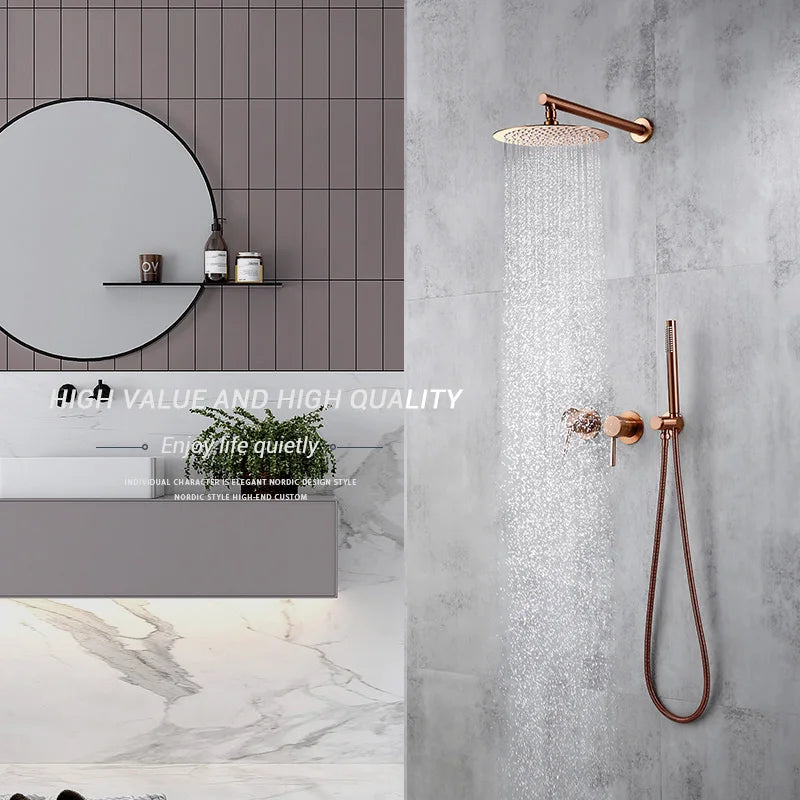 Wall Mounted Bathroom Shower Rainfall Shower Set Rose Gold Mixer Brass Faucet Hot Cold Water Mixer Tap With Head 8/10/12 Inch