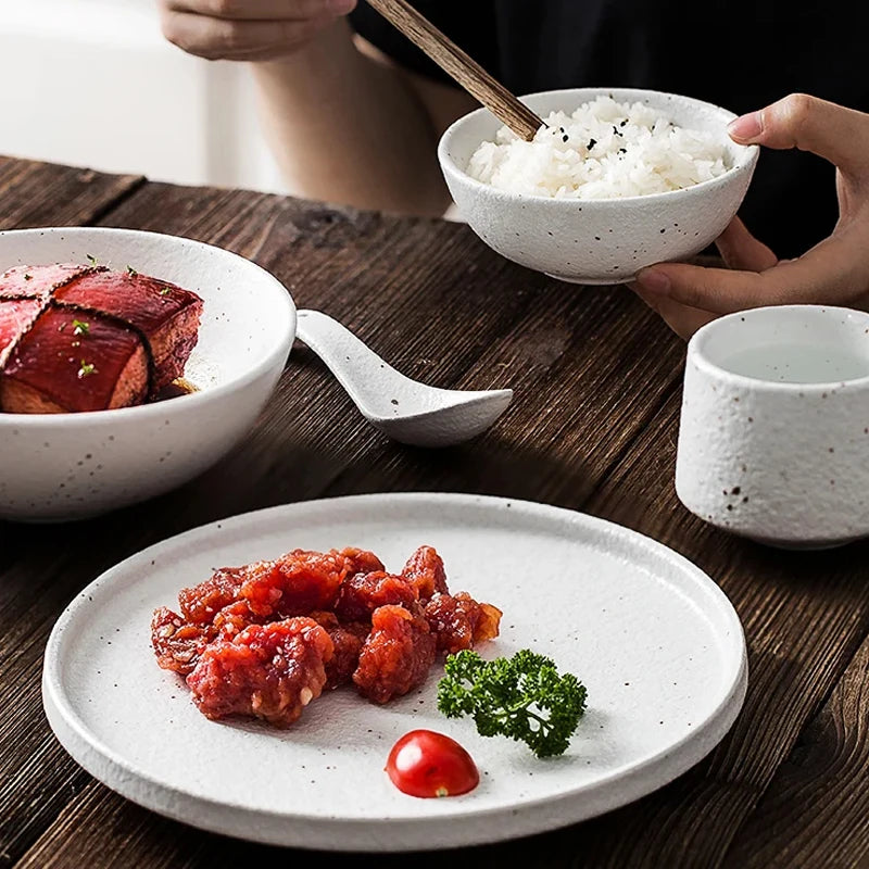 Japanese-style Tableware Set Bowls and Plates Round White Ink Point Dinner Plates Home Creative Western Dishes Dinner Plates