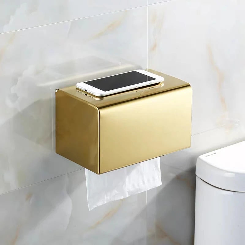 Toilet Paper Box phone Holder Gold Stainless Steel Roll Paper Rack Waterproof Paper Towel Holder Bathroom Black Tissue Box