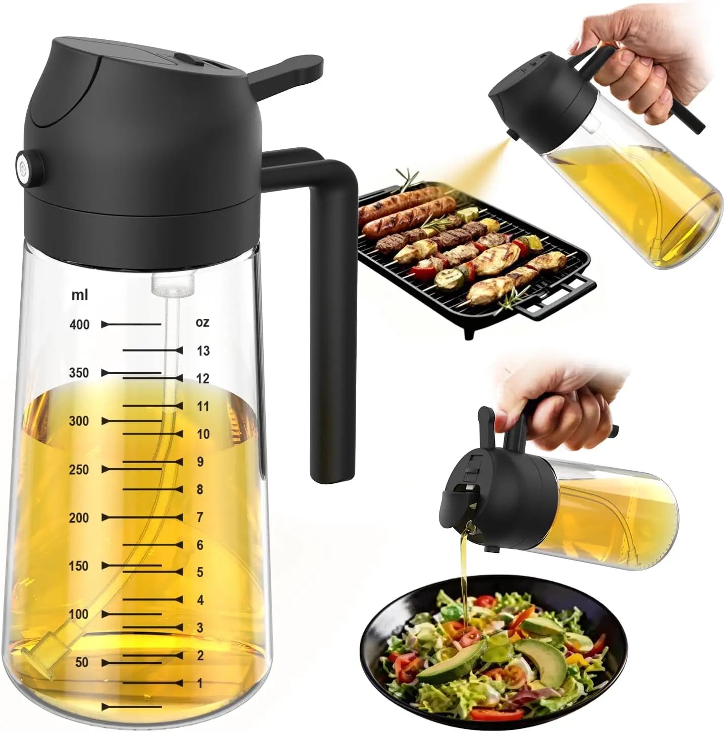 16 oz / 470 ml Glass Olive Oil Sprayer for Cooking – 2-in-1 Olive Oil Dispenser Bottle for Kitchen Gadgets,Salad, BBQ – Black