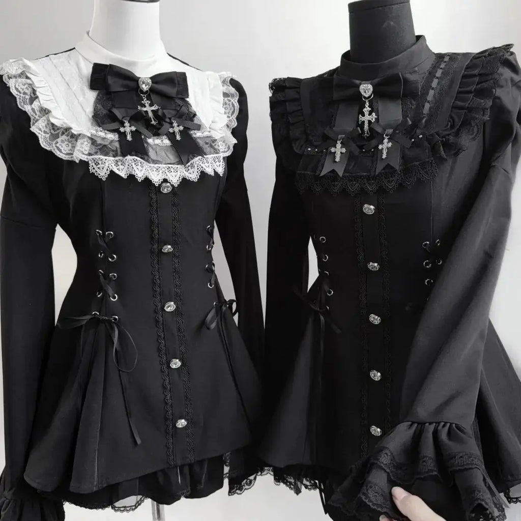 Gothic Lolita Two Piece Set with Bow, Y2K Aesthetic Flare Sleeve Mini Dress, Japanese Punk Style Party Co-ord Outfit
