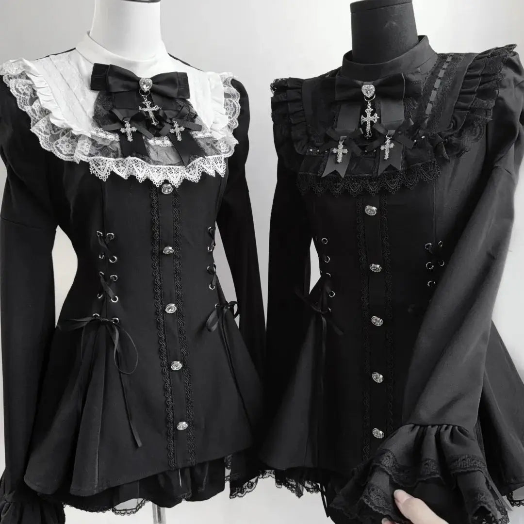 Gothic Lolita Two Piece Set with Bow, Y2K Aesthetic Flare Sleeve Mini Dress, Japanese Punk Style Party Co-ord Outfit