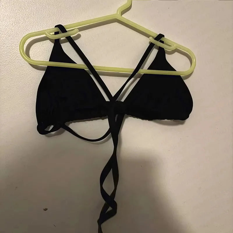 Summer Women's Gothic Punk Style Bikini Top Black Triangle Halter Swimwear Studded Cross Detail Y2K Beach Party 2025 New