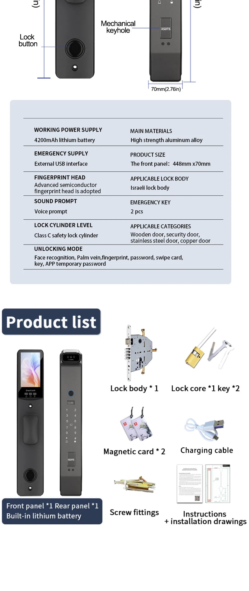 3D Face Real-time Intercom Smart Door Lock Palmar Vein Camera Intelligent Fingerprint Password Biometric Electronic Key Unlock