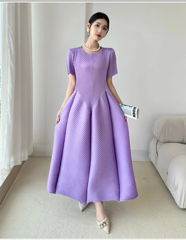 LANMREM High End Purple Pleated Women's Dress 2025 New Round Neck Short Sleeved Spliced Design Ball Gown Summer Dresses 2DB3489