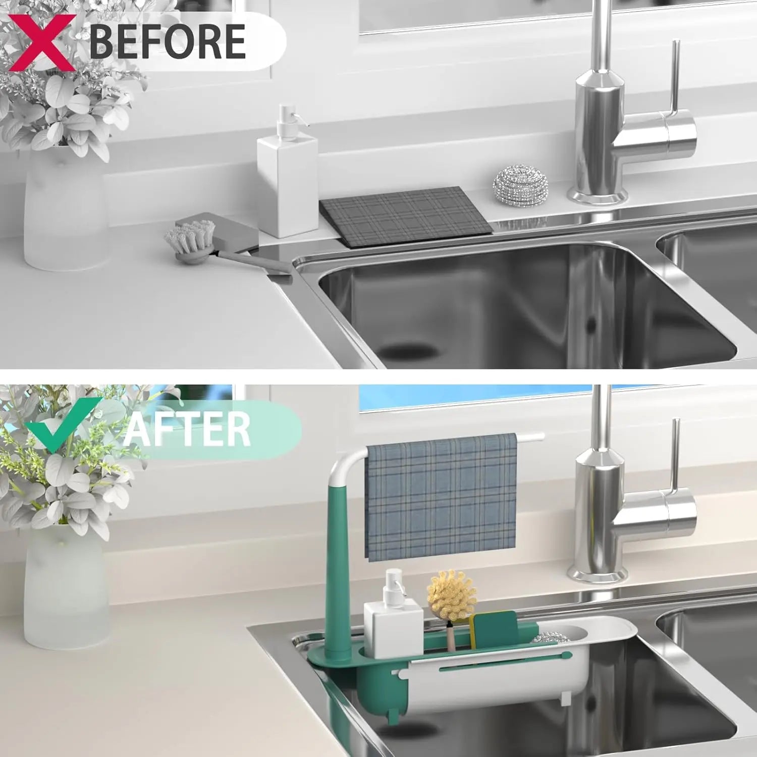 Multipurpose Sink Organizer Rack Telescopic Design with Two Sponge Holders Keeps Kitchen Counter Dry Neat for Cleaning Storage