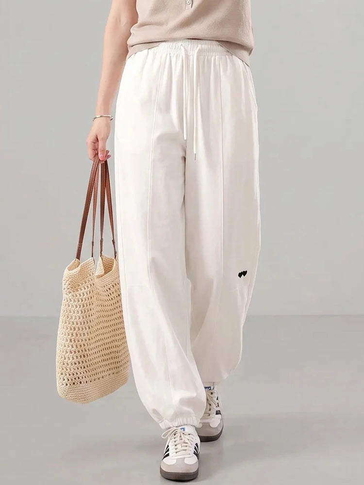 Blue Straight Pants For Women Elastic Wiast Jogger Quick-dry Sweatpants Baggy Embroidery Trousers Ladies Wide Leg Sport Pants