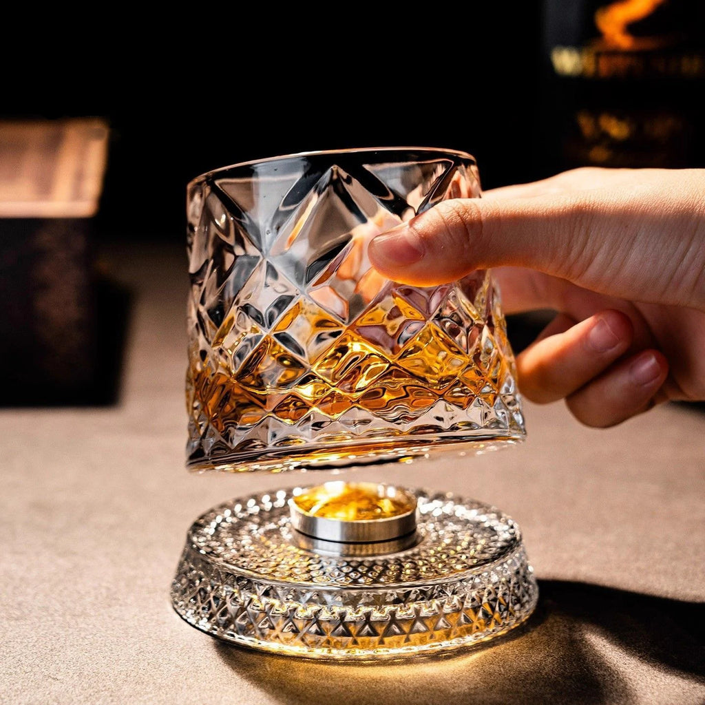 2026 New Whiskey Glasses Rotating Whisky Glass with Glass Base 360 Rotate Degrees Crystal Rum Glass for Cocktail Party Drinking