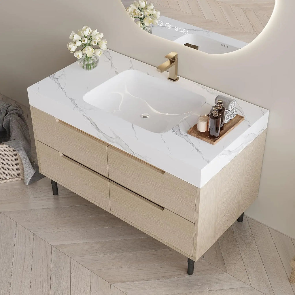 36" Modern Bathroom Vanity with Sintered Stone Top & Ceramic Sink – 4 Soft-Close Drawers, Waterproof Multi-Layer Wood, Custom