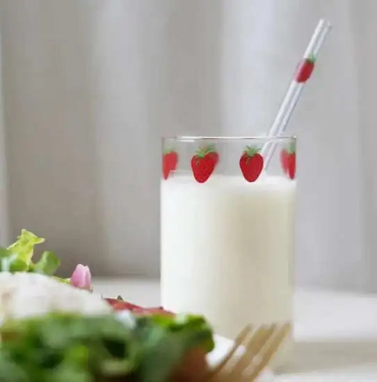 300ml 10oz High borosilicate Nana Cute Strawberry Water Milk Drinking Glasses Cup With Straw