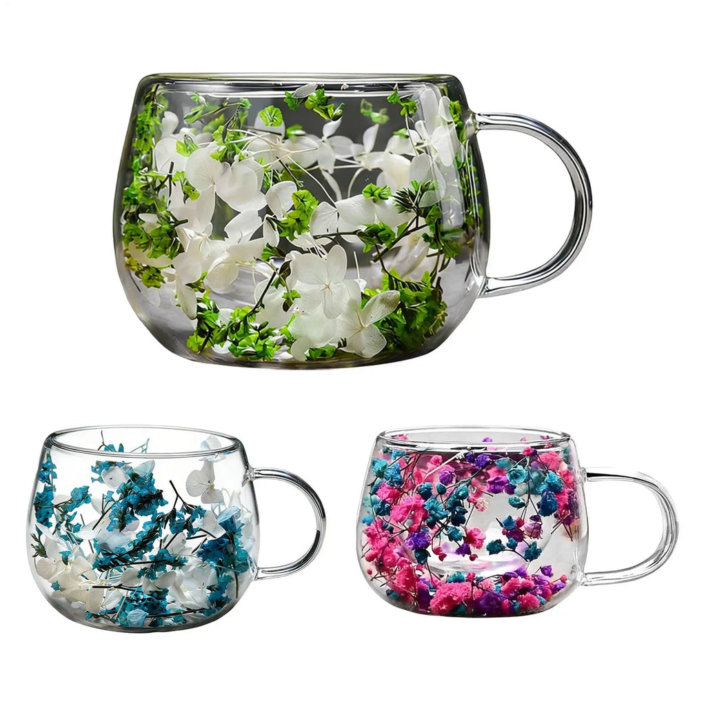 300ml Glass Cup with Dried Flower Heat Resistant Drinking Glasses for Water Juice Milk Coffee Tea Home Cafe Office Party