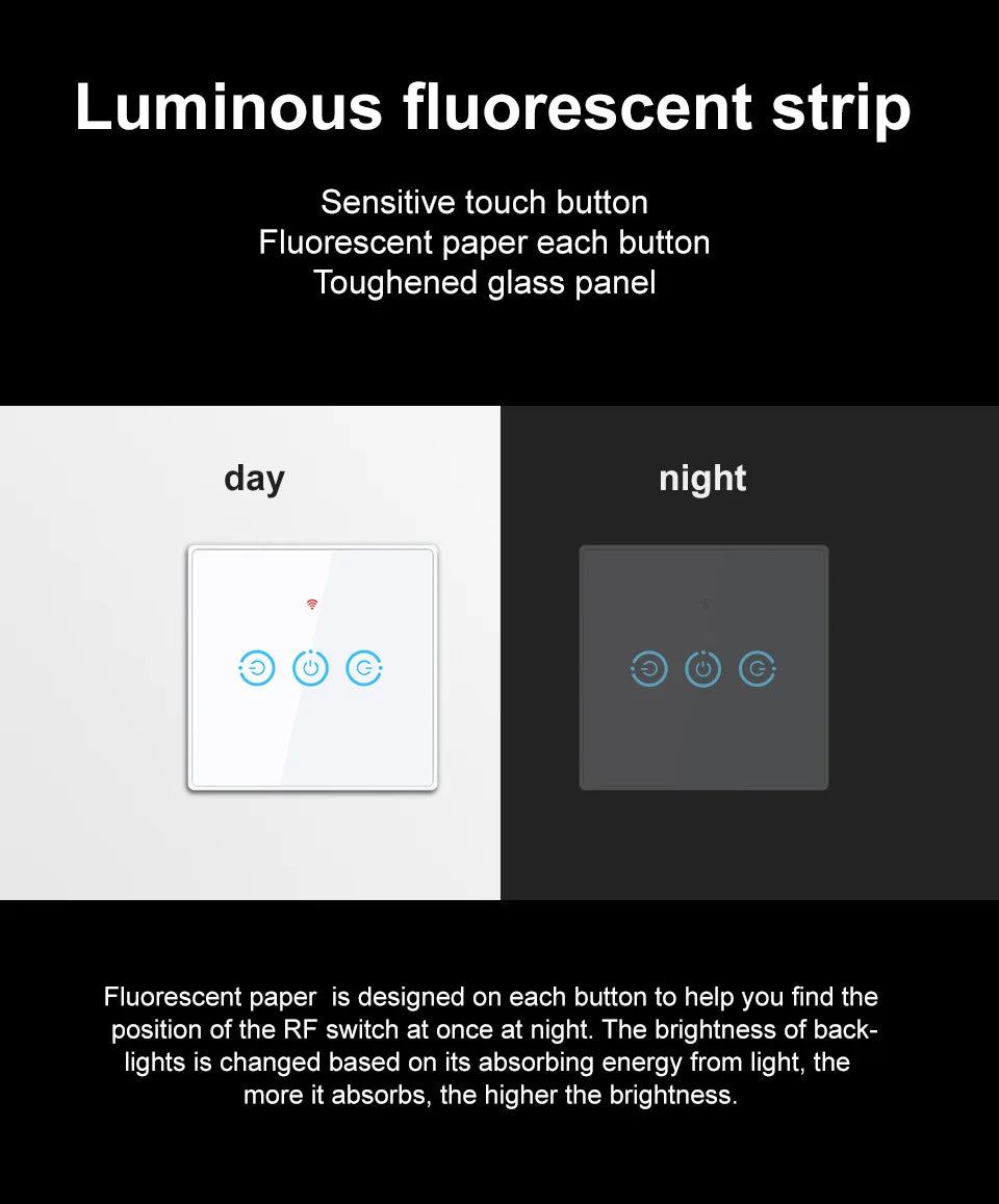 Wireless Radio Frequency RF 433Mhz Switch 1/2/3 Gang Smart Touch Switch Remote Control Tempered Glass Panel Wireless Wall