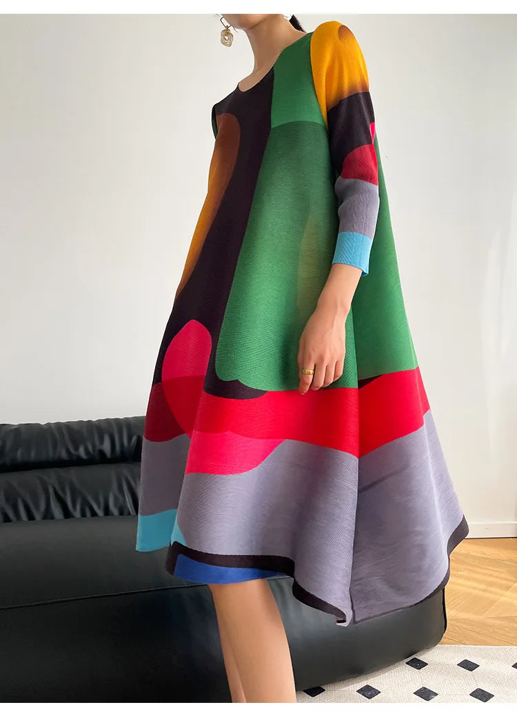 Miyake Pleated Print Dress 2024 New Early Spring Fashion Elegant A-line Swing Dress Elegant Women's Clothing High-quality