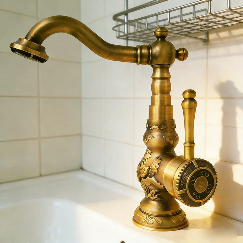 Luxury Antique Bronze Copper Carving Deck Mounted Kitchen Faucet Bathroom Basin Faucet Sink Faucet Mixer Hot and Cold Water Tap