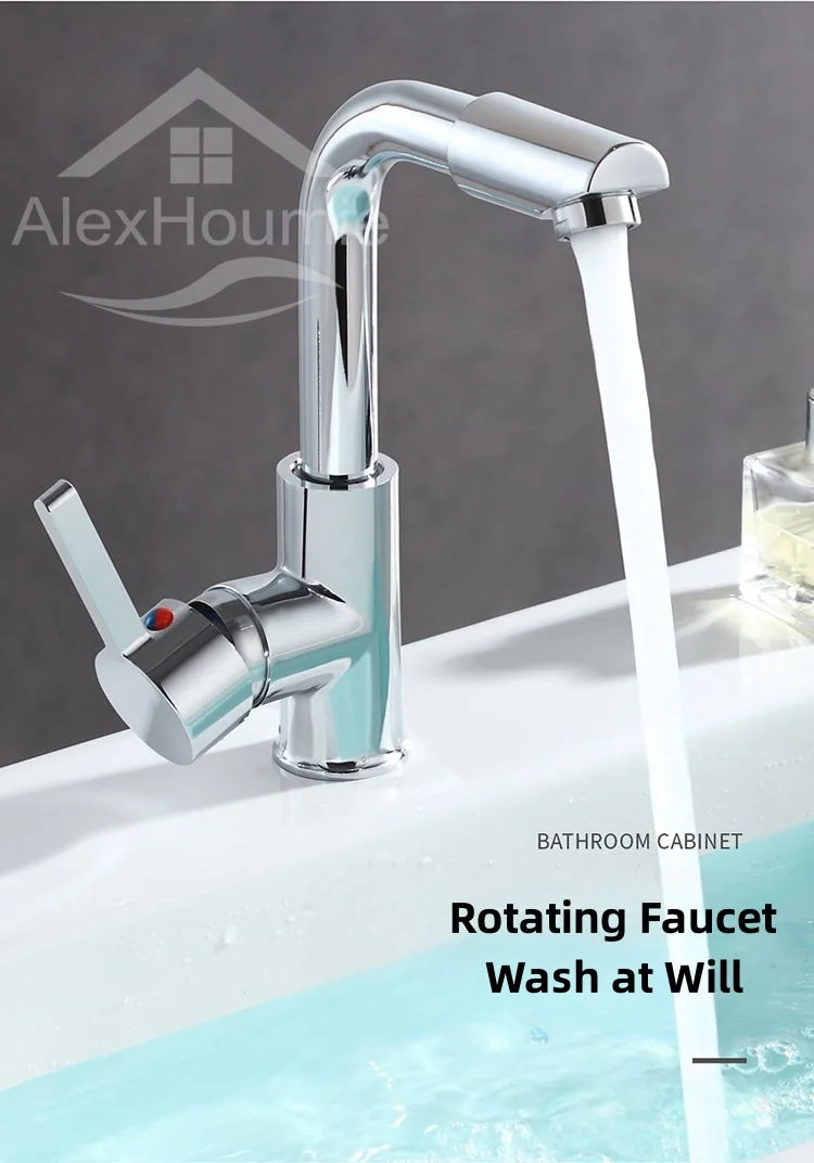 Bathroom Faucet with 360° Rotate Spout Deck Mounted Water Tap Chrome Single Hole Single Handel for Hot and Cold Water Mixer