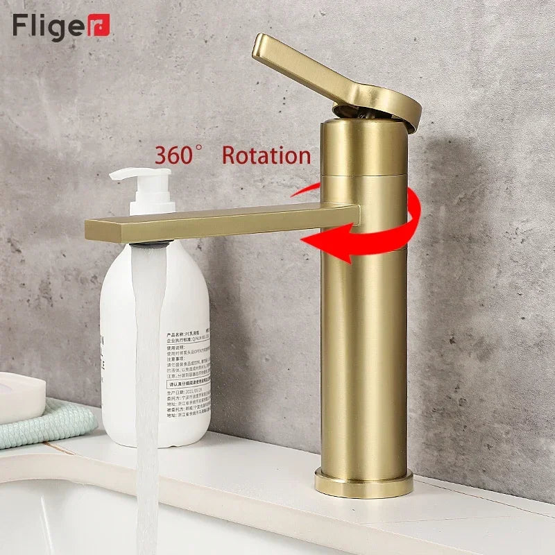Fliger Tall Basin Faucet Brushed Gold Bathroom Sink Faucet Countertop Sink Faucet Hot Cold Bathroom Faucet 360° Rotating Mixer