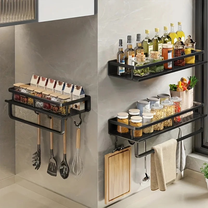 Multifunctional Aluminum Wall-Mounted Shelf Kitchen Spice Storage Rack Kitchen Supplies Storage Hooks Kitchen Accessories