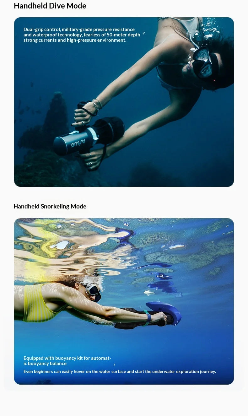 Underwater Scooter 1100W Sea Scooter with 3-Speed Dual Mode 10ft/s Max 80-Min Runtime 164ft Depth for Diving Snorkeling SUP