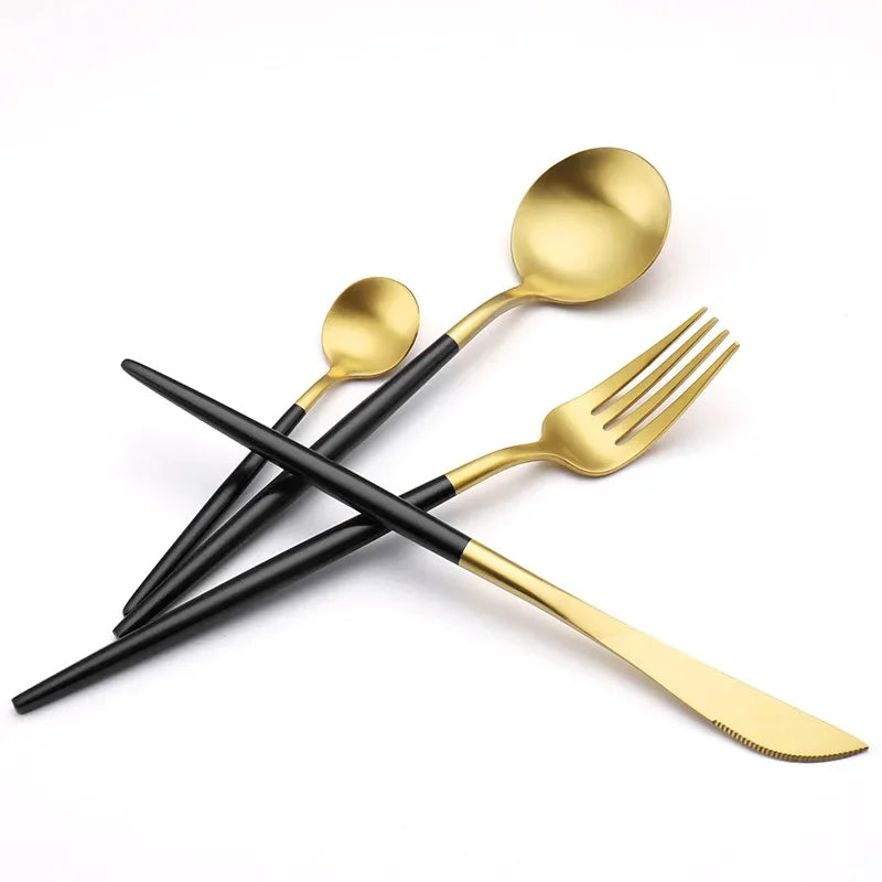 For1/ 4/6/8 Personal Black Porcelain Dinner Plates Set Ceramic Tableware Food Dishes Rice Salad Noodles Bowl Wiht Cutlery Set