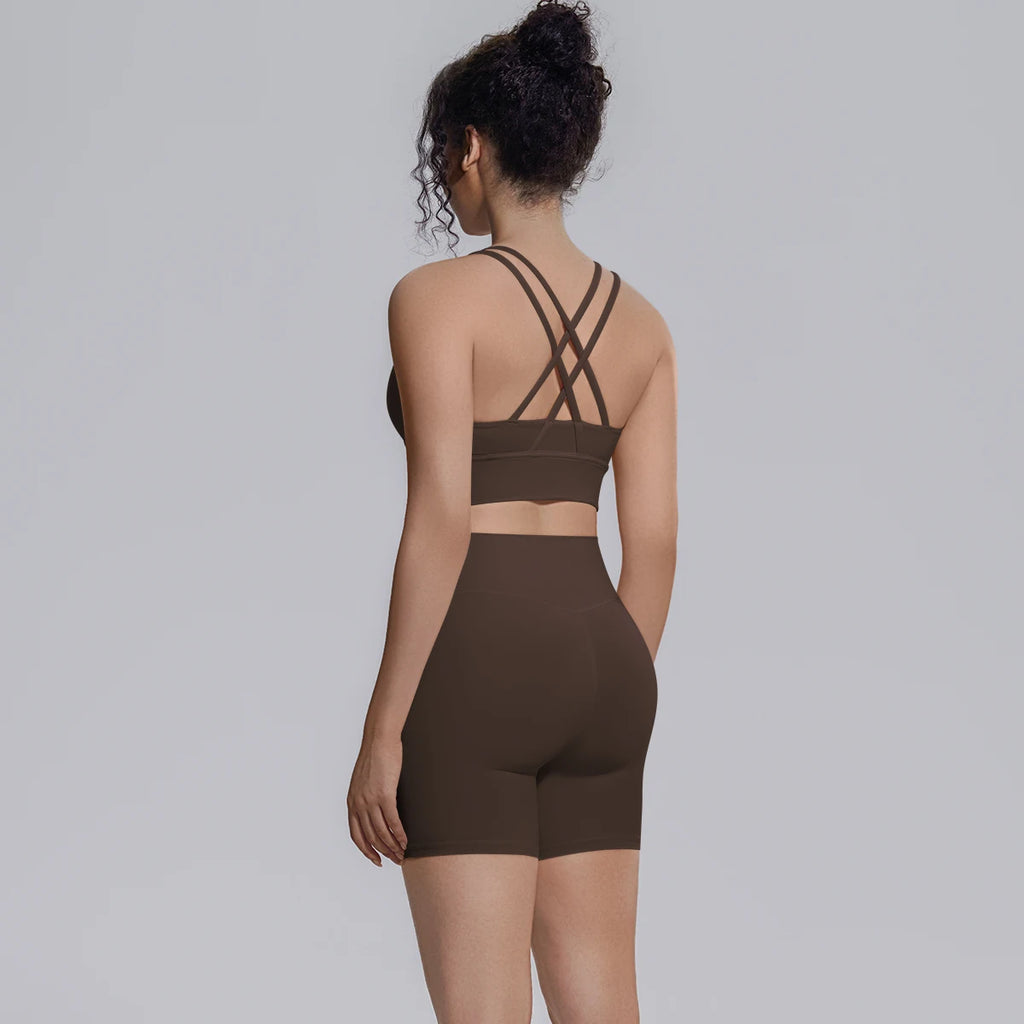 2PCS/set Yoga Set Summer Breathable Running Cycling Backless Sports Bra High Waist Peach Buttocks Fitness Shorts Gym Yoga Set