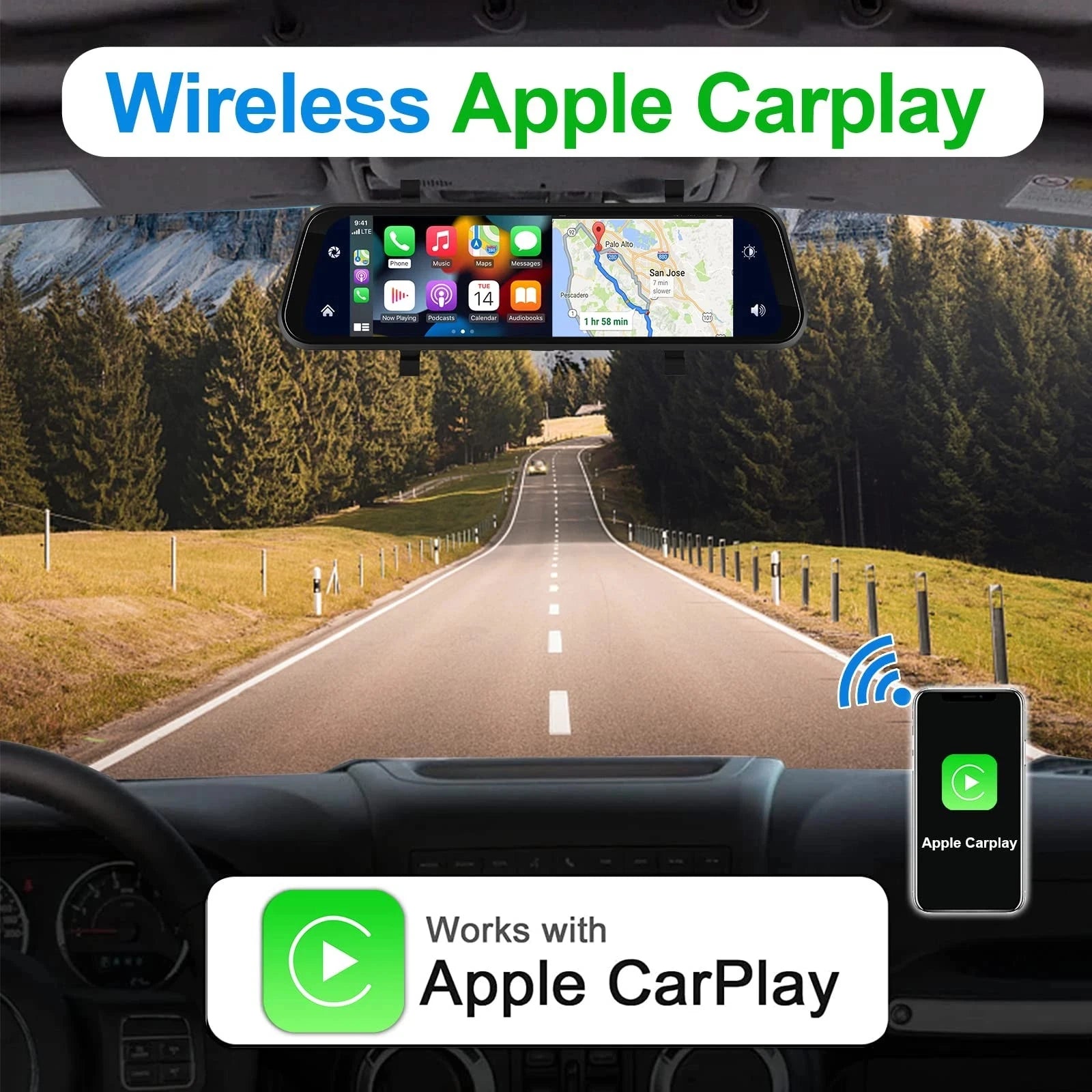 4K Mirror Dash Cam 9.66" with Carplay Android Auto Touch Screen Backup Camera Front and Rear View Dual Cameras for Car