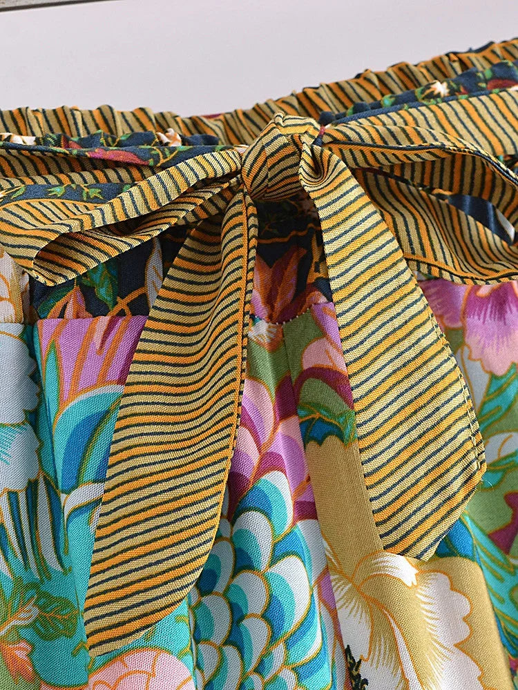 Boho Queens Women Peacock Floral Print Bohemian Wide Leg Pants Lady Elastic Waist Loose Rayon Boho Long Pant  Oversize Trousers