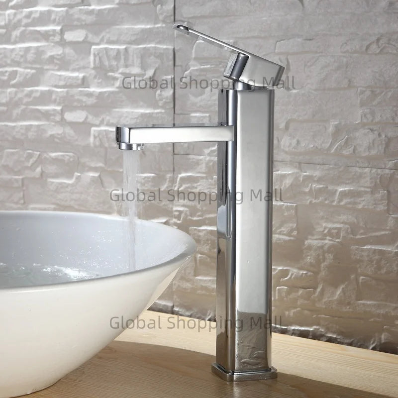 Bathroom Faucet Single Hole Single Handel Hot and Cold Water Mixer Tap Deck Mounted in Black and Chrome Square Basin TapBathroom