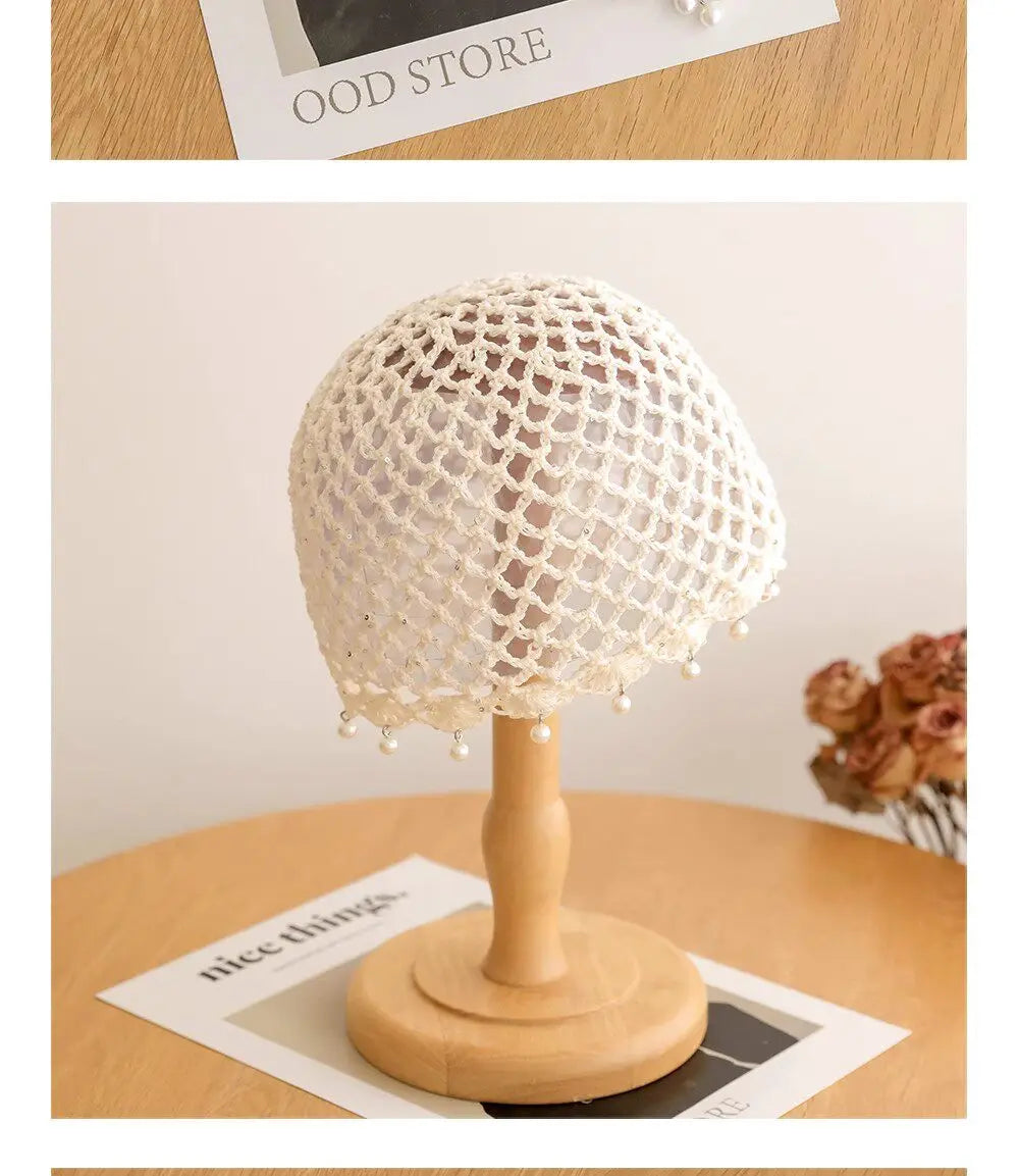 Fashion Hollowed Out Woven Pullover Hats Crochet Breathable Beret Cap Pearl Fringed Retro Beanies Cap for Women Summer Korean