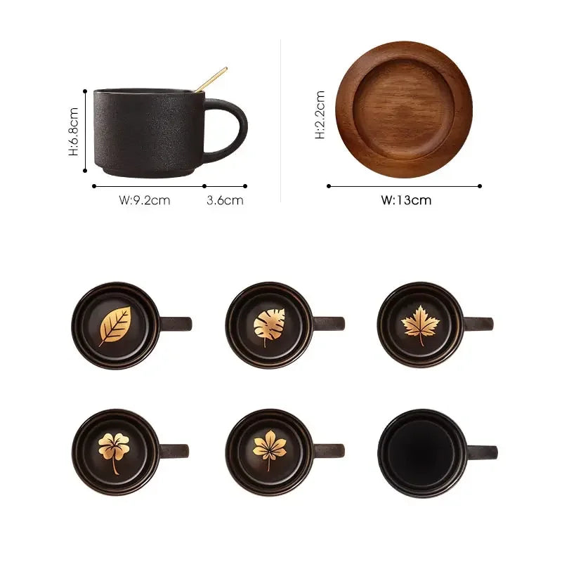 Nordic Black Ceramic Coffee Tea Cup creative coffee shop cups Frosted Porcelain Matte Mug Wood Saucer with Gold Steel Spoon mugs