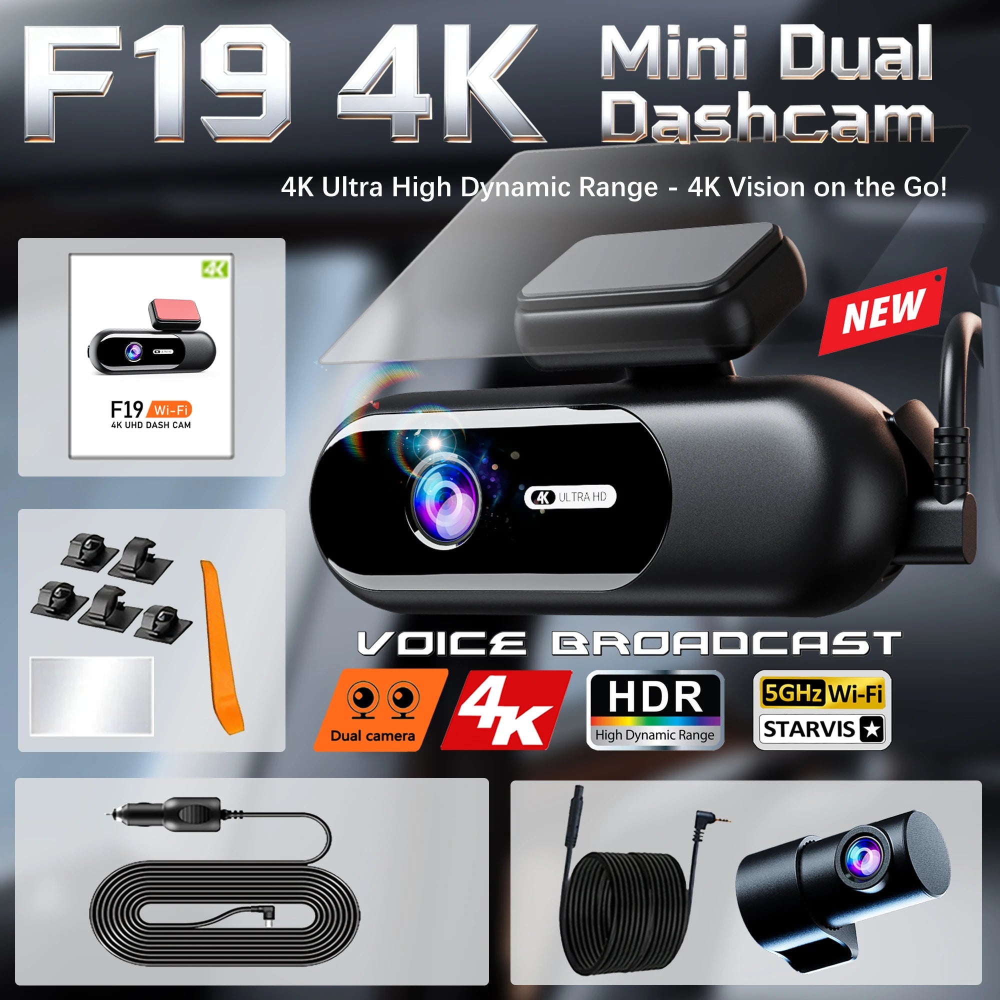 Dash Cam for Cars 4K UHD Recording Front Rear Car Camera HDR Night Vision Recorder Built in Wi-Fi 24H Parking Mode APP Monitor