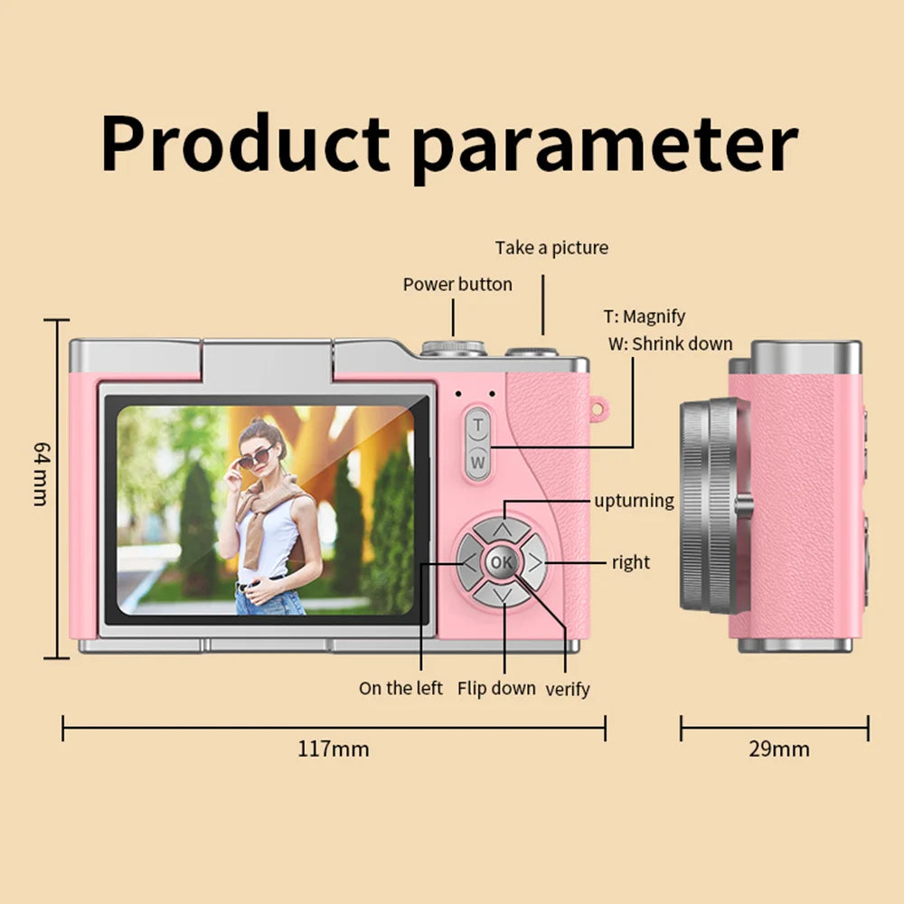 4K Digital Camera Beauty Filters 48MP HD Student CCD Camera CMOS Anti Shake 180° Flip Screen Selfie Camera for Kids Adults Gift