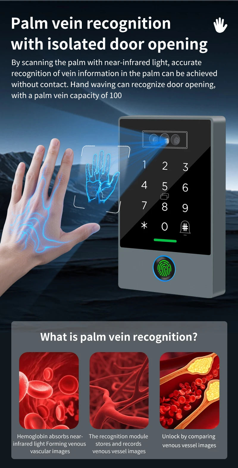 TTLOCK Face Recognition Video Doorbell Intercom Attendance Machine Fingerprint + Palm Vein + 3D Facial Recognition 3-in-1 IP67