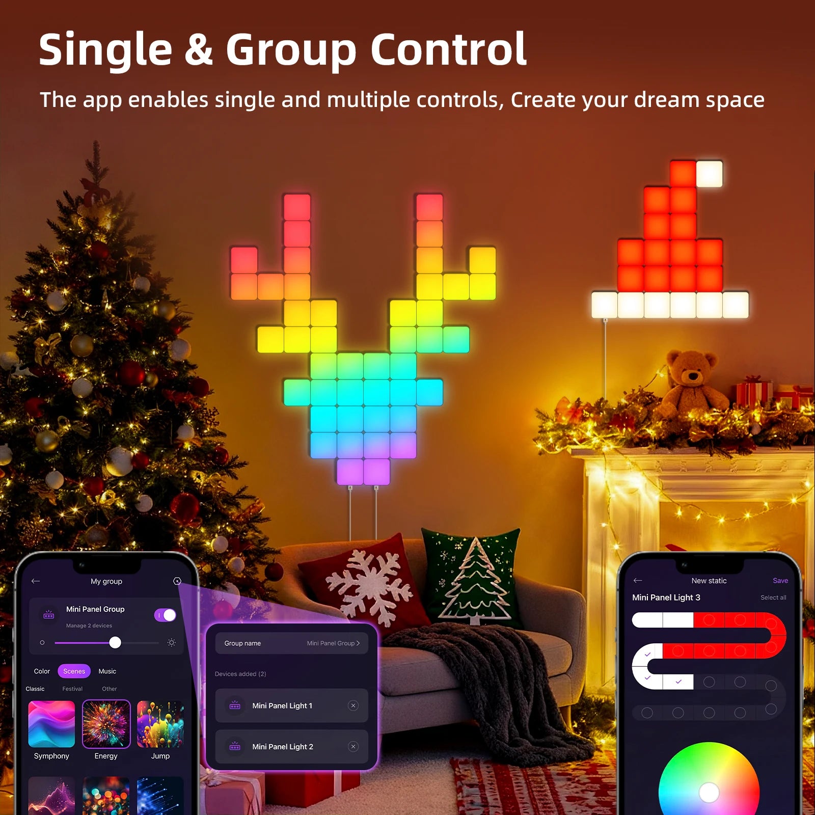 Smart Grid LED Wall Light Kit - RGB Color Changing with App & Music Control, DIY Creative Backlit Panels for Gaming Room & Bedro