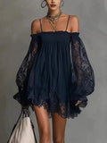 Off Shoulder Women Mini Dress Elegant Suspender Dress Summer Fashion Lace Sheer Long Falre Sleeve Party Evening Chic Dresses