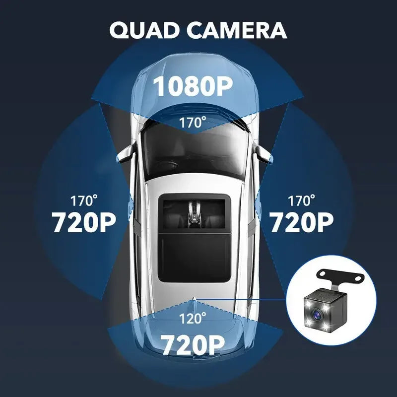 Car Dash Cam 4 Channel Black Box Driving Camera FHD 1080P Front Left Right Rear Night Vision Loop Recording add Hardwire kit