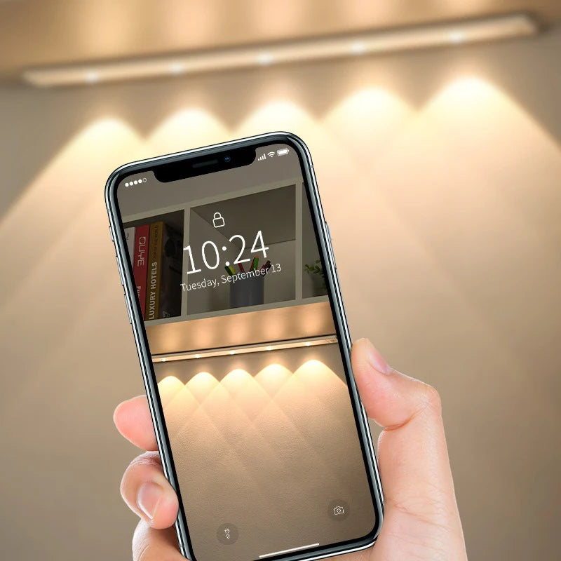 Smart LED Motion Sensor Light Strip - Thin Cat-Eye Hill Design, Rechargeable Self-Adhesive for Wardrobe/Wine Cabinet/Cabinet