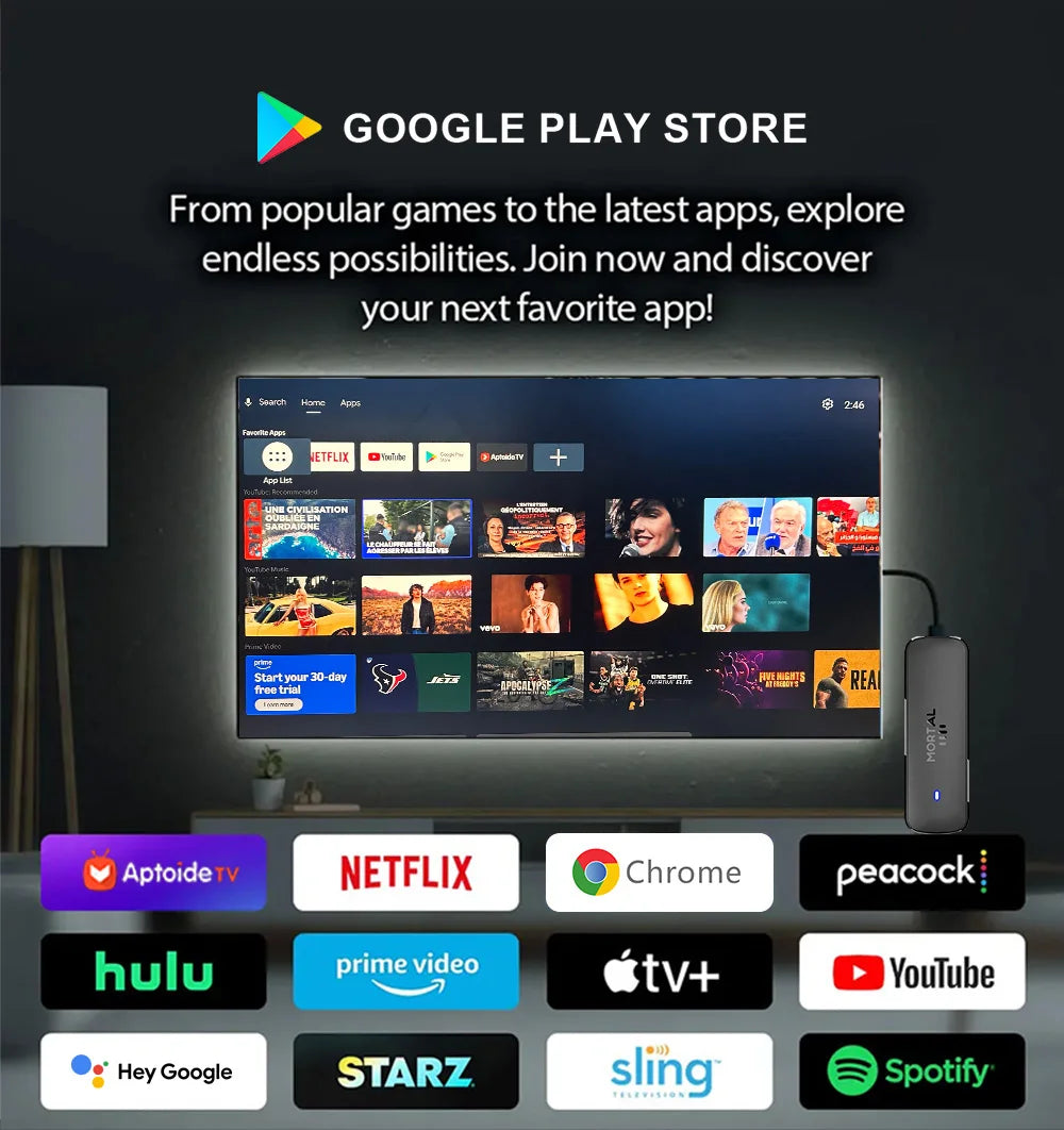 Mortal Q8 Android14 TV stick WIFI6 Voice Control TV stick  8K video RK3518 Netflix YouTube Tv box Free Live TV Streaming