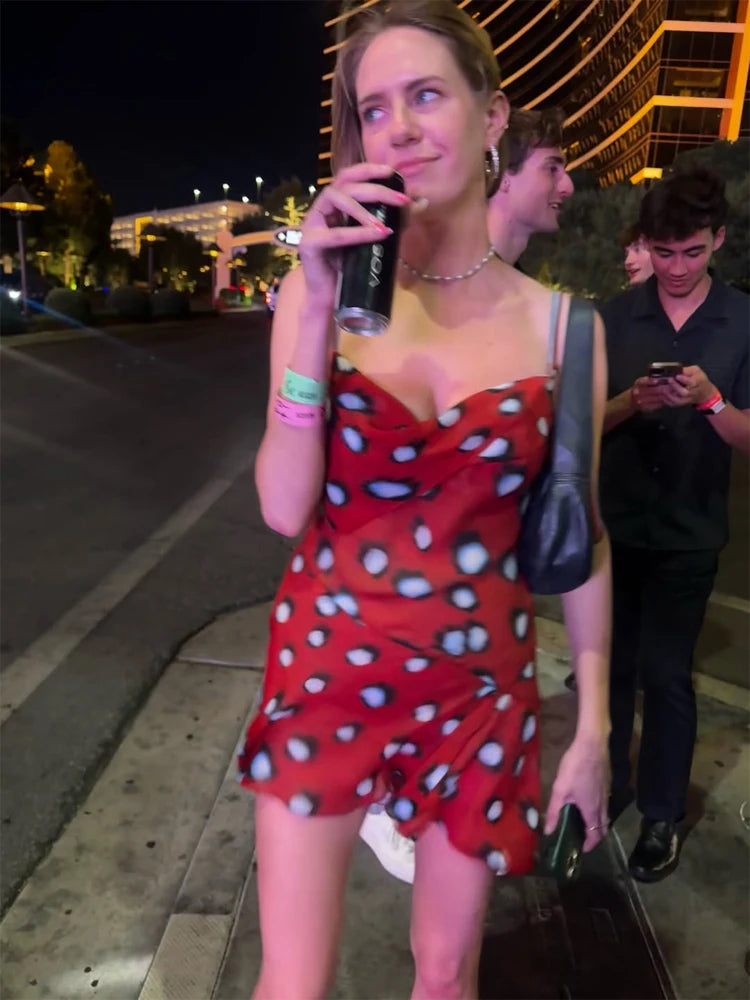 Red Polka Dot Print Draped Neckline Mini Dresses Women's Waist Cinching Split Short Sling Dress 2026 New Chic Party holiday Robe