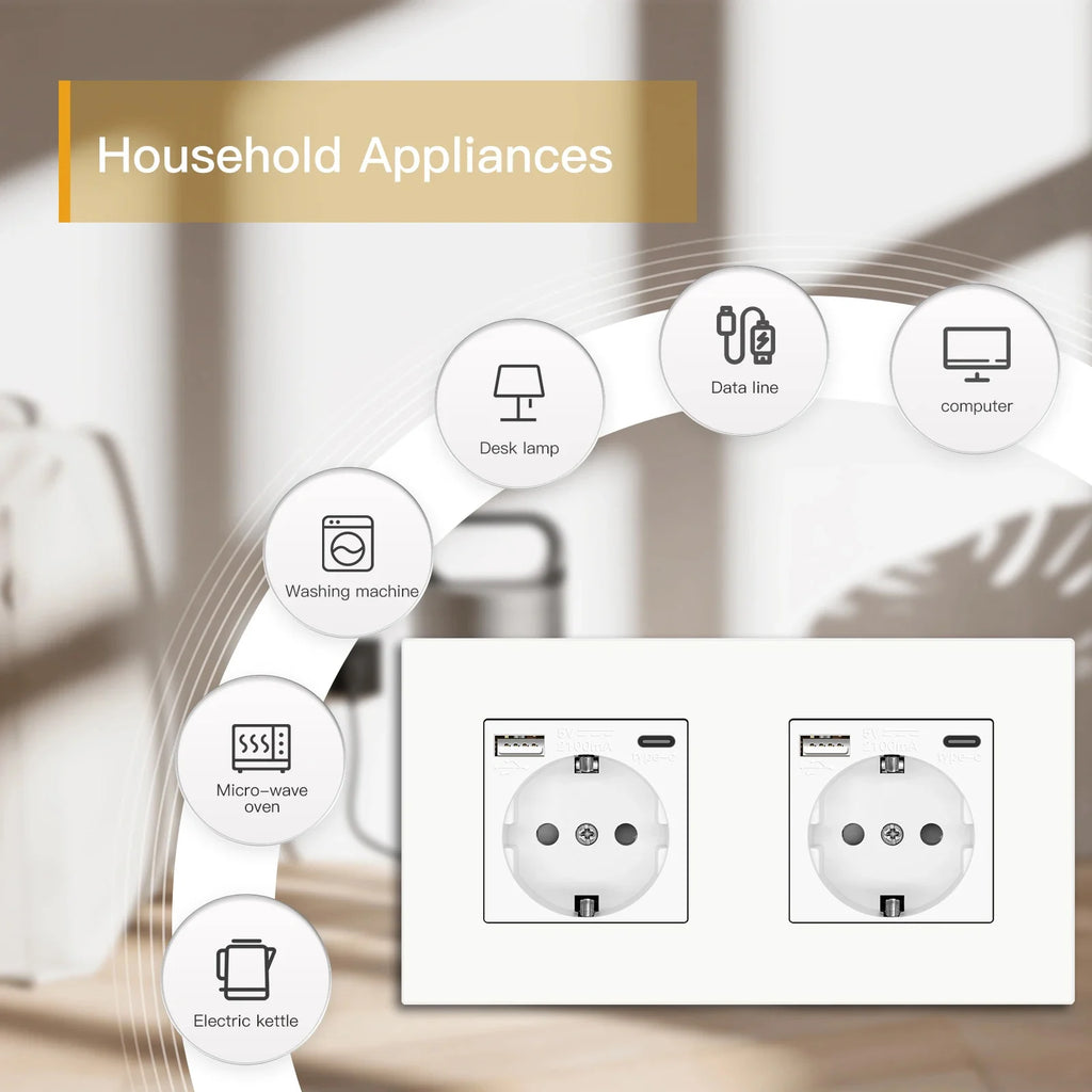 BSEED EU Wall Sockets Type-C USB Power Sockets Double Electric Sockets Triple Outlets Plastic Frame Germany Socket With Dual USB