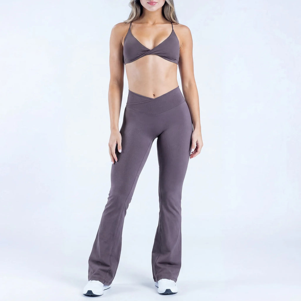LOG0 Women Yoga Set Twist Front Sports Bra V Waist Flare Pants Seamless Gym Workout Fitness Activewear Sportswear 2 Piece Set
