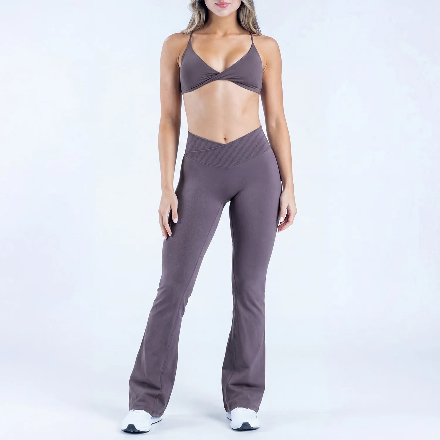 LOG0 Women Yoga Set Twist Front Sports Bra V Waist Flare Pants Seamless Gym Workout Fitness Activewear Sportswear 2 Piece Set