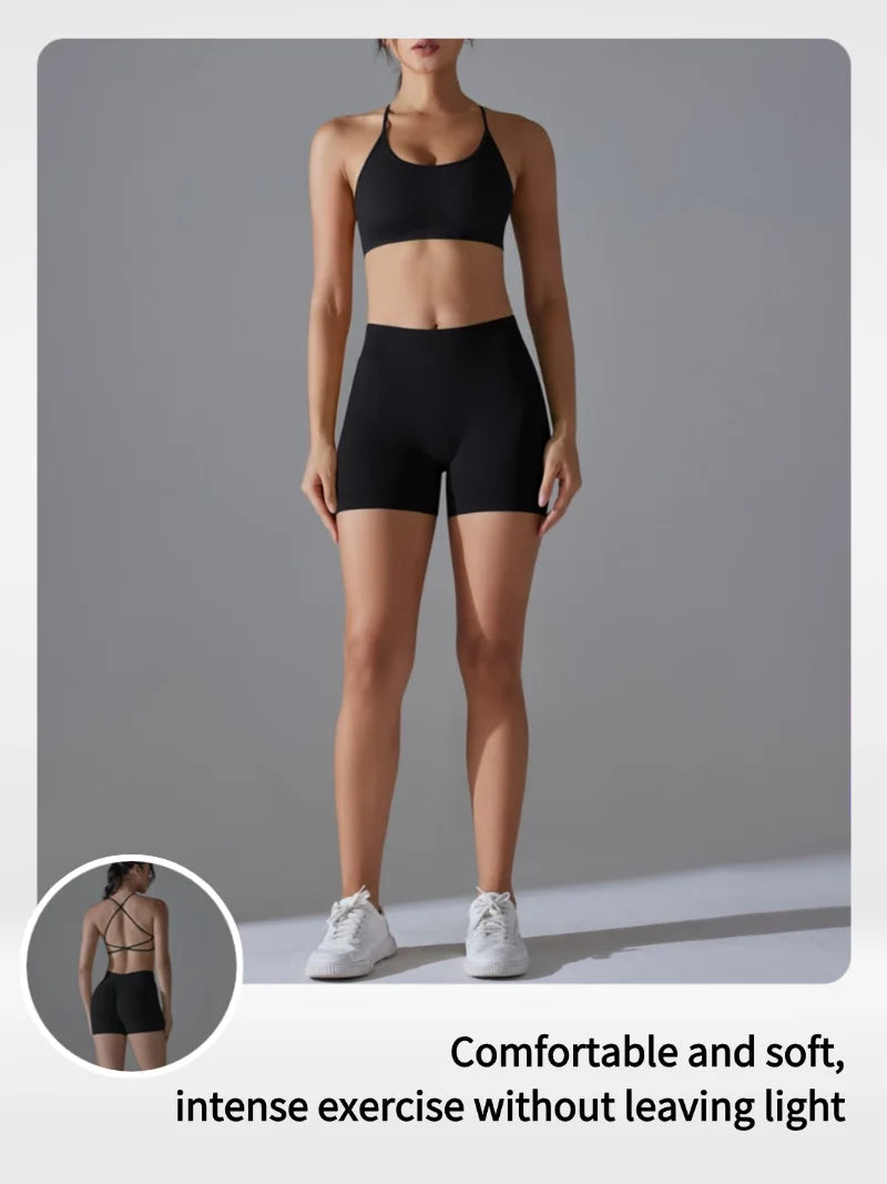 Women's Seamless Solid Color Cross Back High Elasticity Tight and Sexy Sports Bra Yoga Suit Set, Running and Fitness Two Pieces
