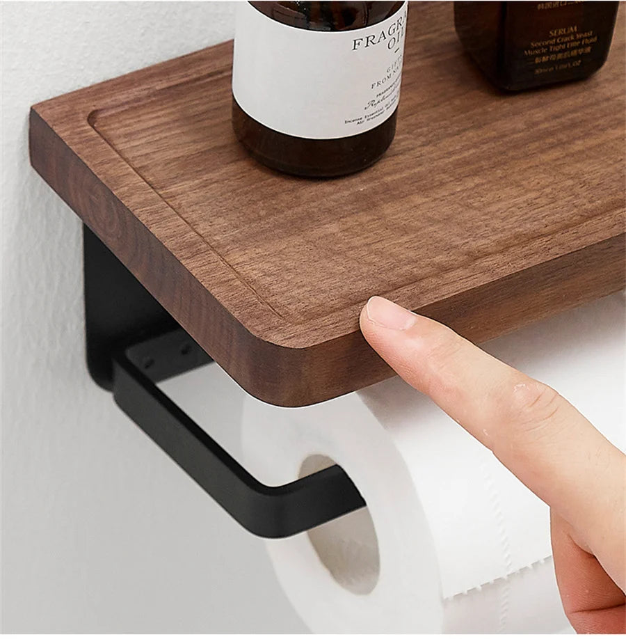 Wooden Toilet Paper Holder With Shelf Wall Mount Rustproof Matte Black Toilet Paper Holder Wall Mount Toilet Paper Roll Holder