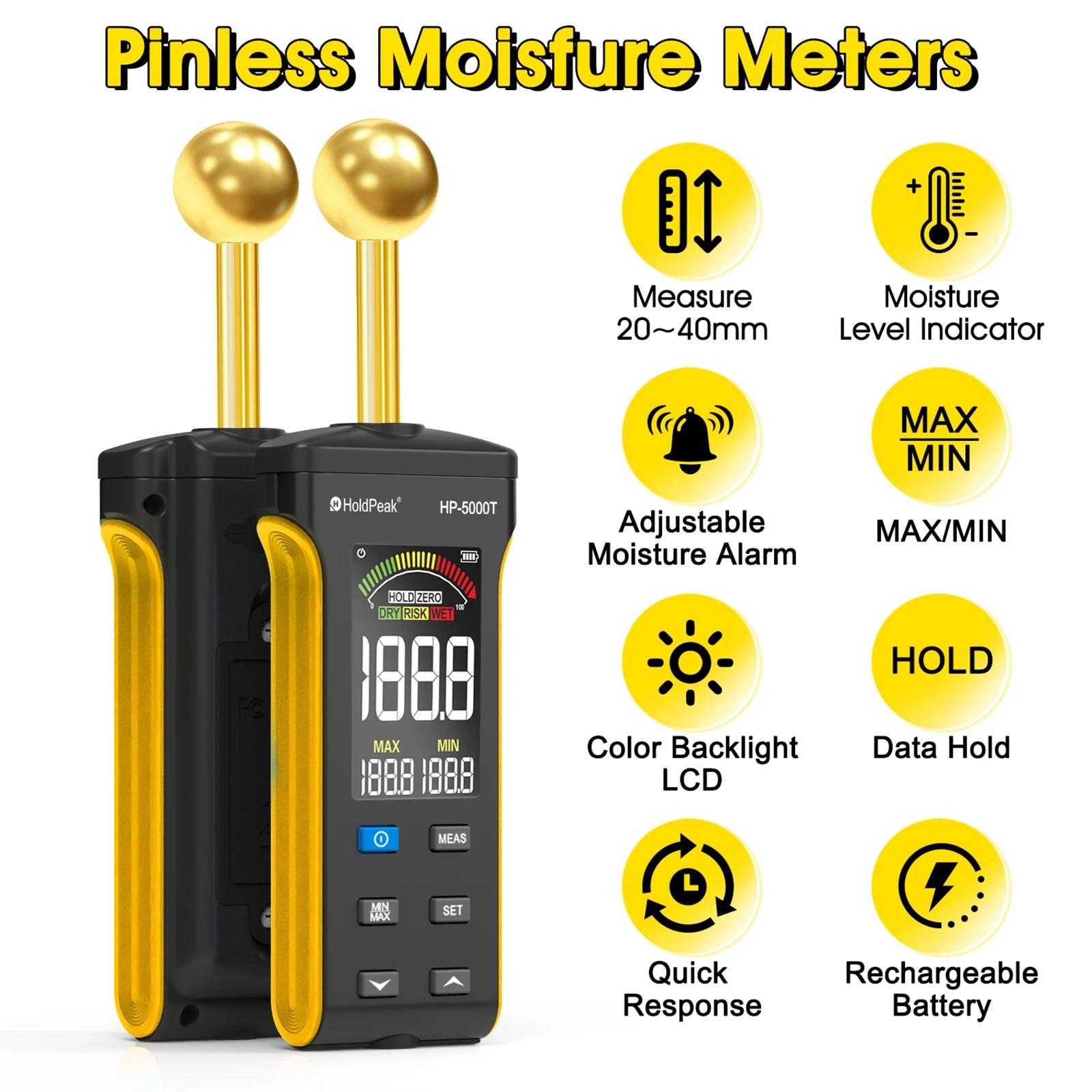 Wood Moisture Meter - Pinless Moisture Detector Measur Depth 20-40mm Non-Destructive Moisture Tester with Masonry