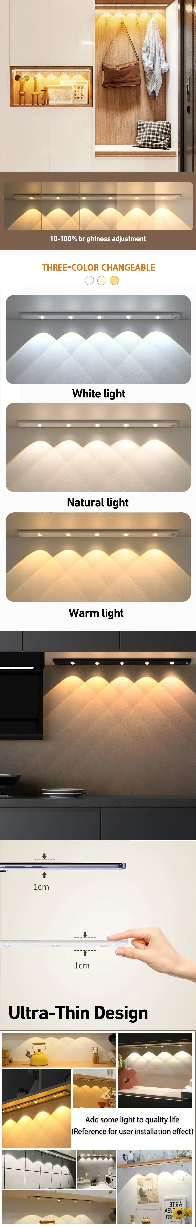 20-50CM LED Under Cabinet Light  Wardrobe Indoor Lighting Motion Sensor LED Lamp Ultra Thin USB Rechargeable Night Light