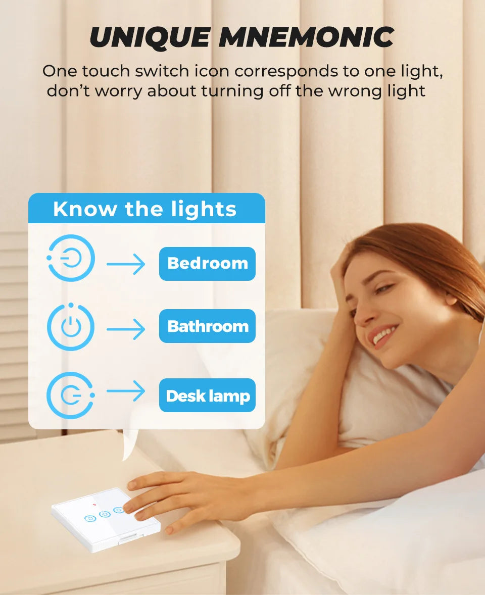 Wireless Radio Frequency RF 433Mhz Switch 1/2/3 Gang Smart Touch Switch Remote Control Tempered Glass Panel Wireless Wall